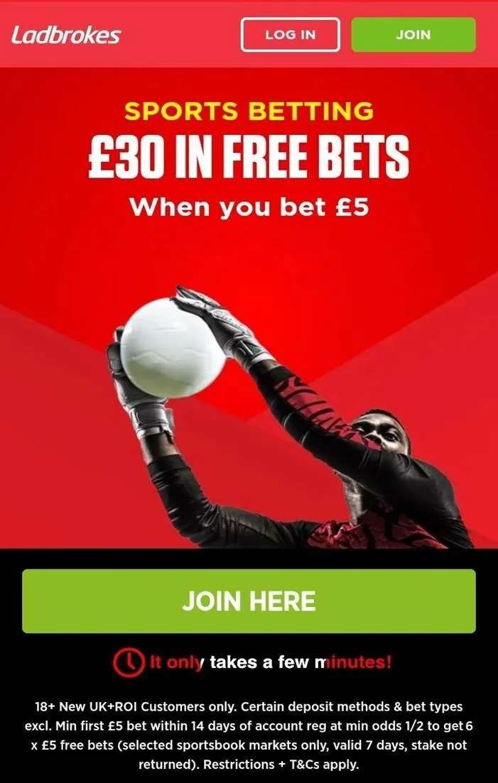 Ladbrokes bet £5 get £30 in free bets welcome offer