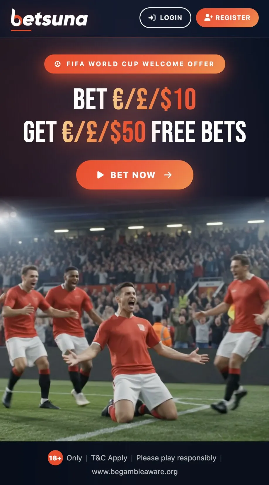 Betsuna new betting site landing page: bet £10, get £50 in free bets