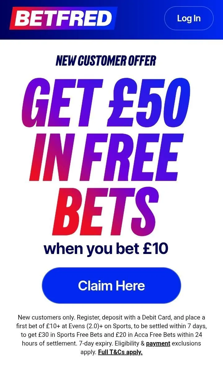 Betfred's bet £10 get £50 welcome offer