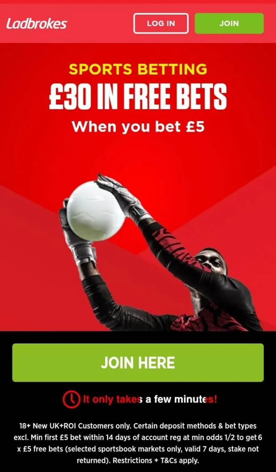 ladbrokes sign up offer for new uk players: bet £5 get £30 in free bets