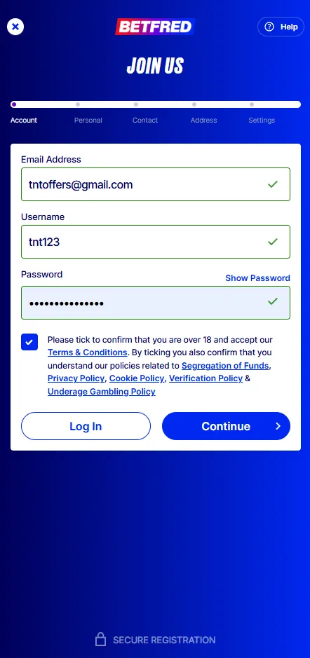 Betfred Join Us registration form showing email, username and password fields with over-18 and terms confirmation