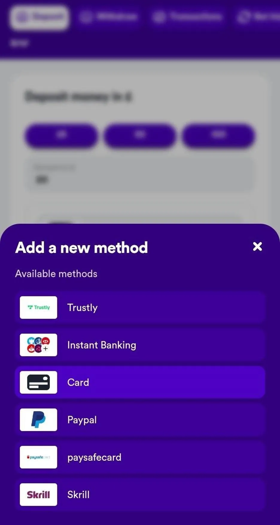 Casumo app deposit screen listing available payment methods