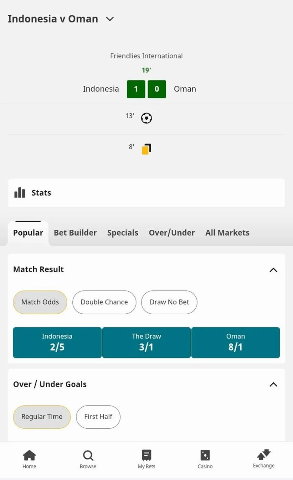 Betfair in-play betting on Indonesia v Oman friendly international