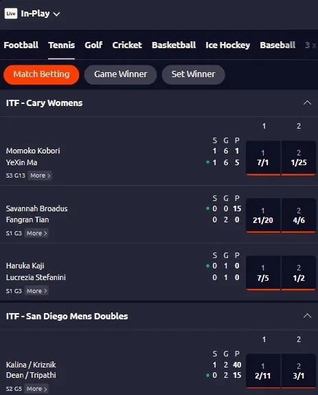 Betano in-play tennis tab showing ITF Cary and San Diego doubles matches with match betting odds
