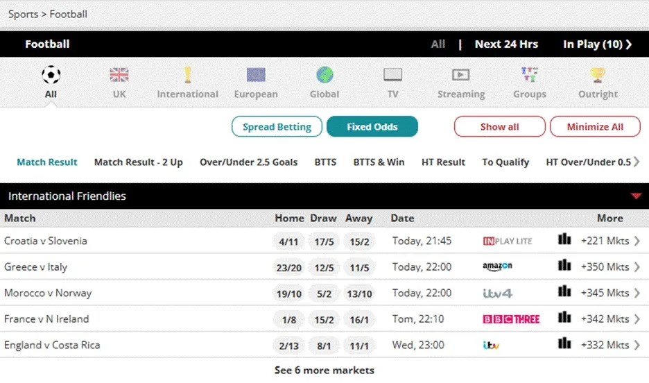 Display of sports offerings and markets on top fixtures including international friendlies 