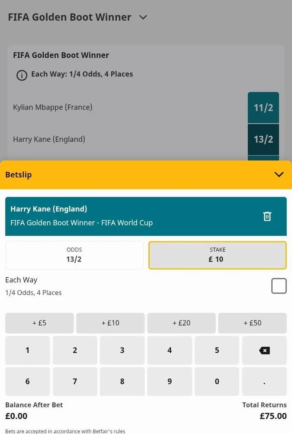 Betfair sportsbook FIFA Golden Boot Winner market showing Harry Kane at 13/2 and Kylian Mbappe at 11/2, with a £10 bet slip open