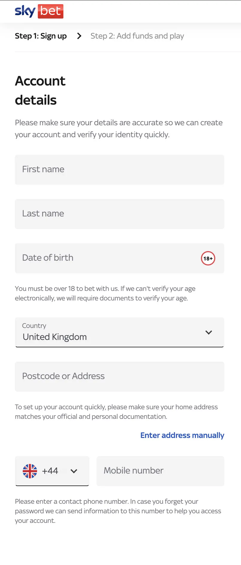 Sky Bet registration form during the sign up process