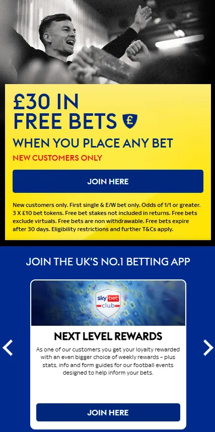 Sky Bet sign up offer, lowest qualifying stake of just £0.05 for £30 in free bets