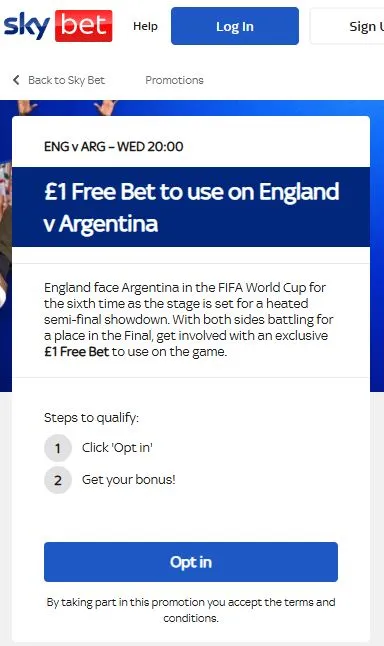 sky bet no deposit free bet for england vs argentina