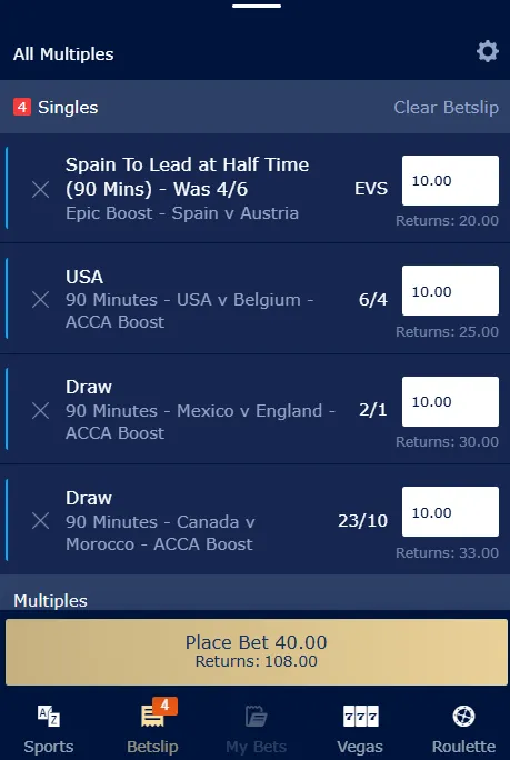William Hill world cup odds and betslip on four matches