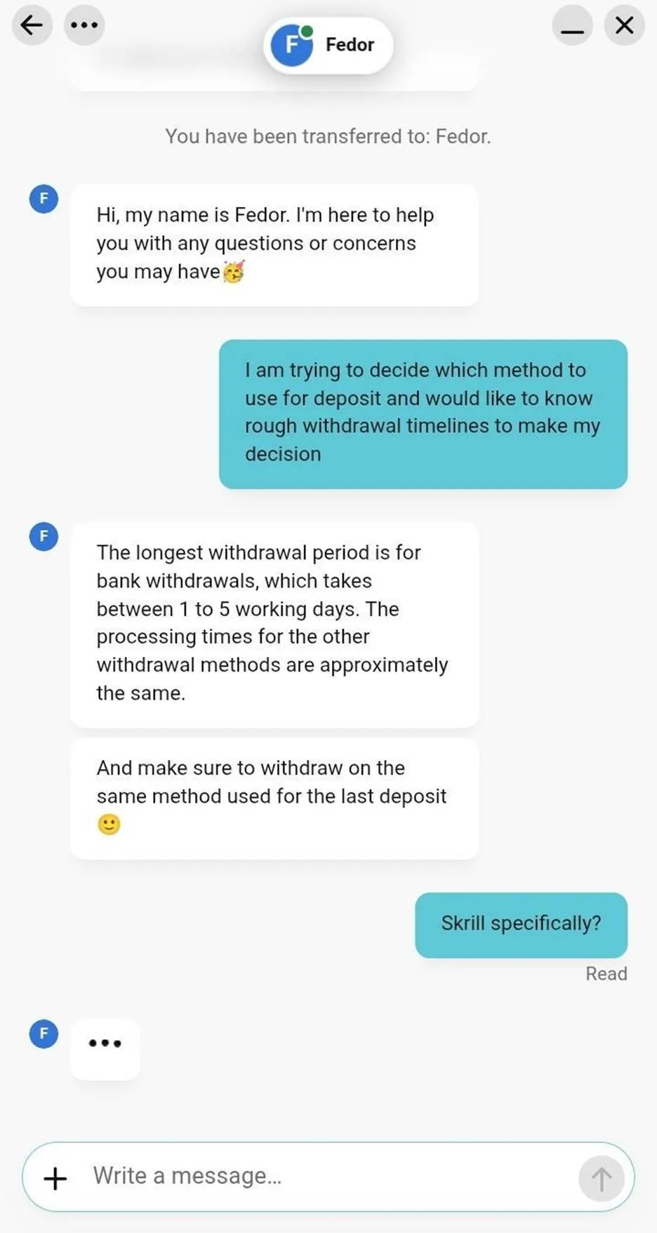 Casumo live chat conversation with a human agent, Fedor, answering a question about withdrawal timelines