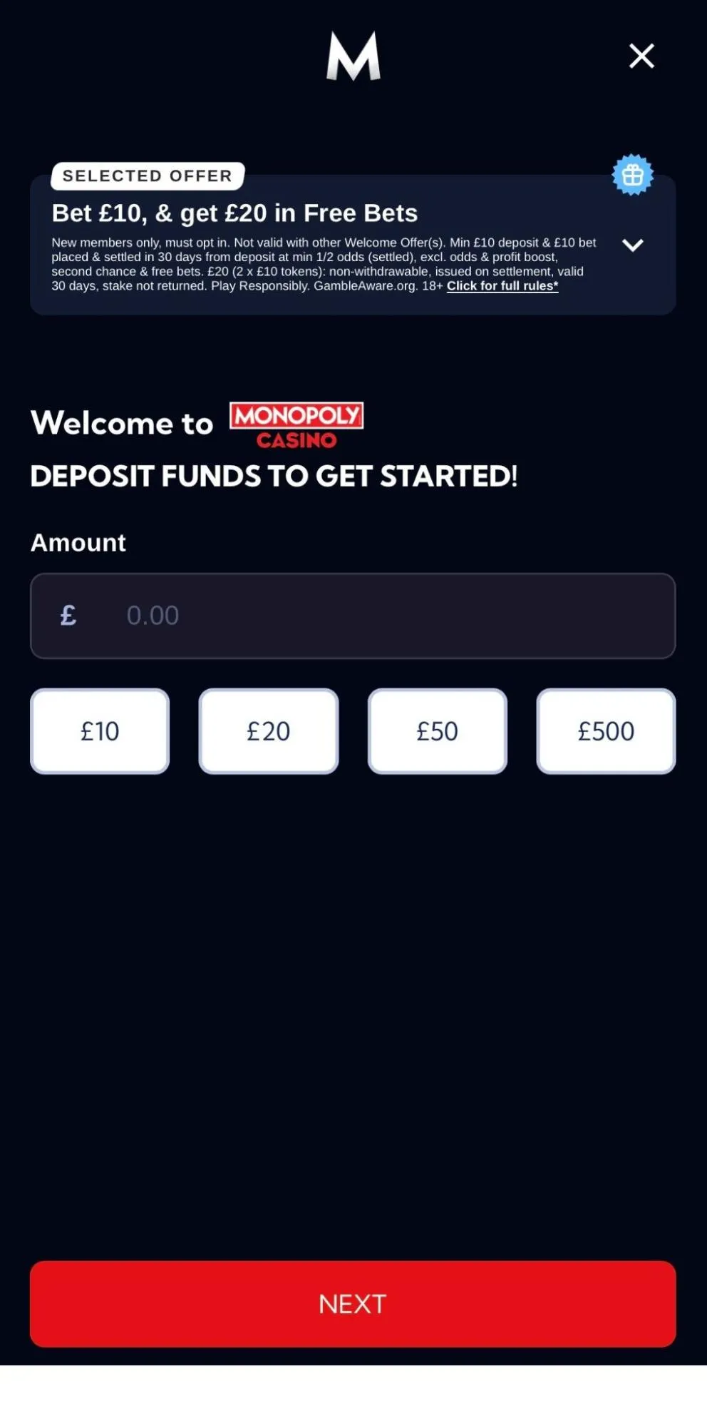 monopoly sport sign up offer for new uk customers: bet £10, get £20