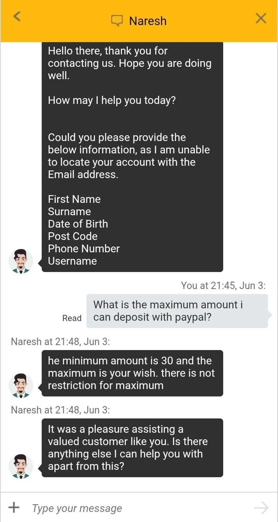 Betfair live chat customer support conversation showing a response about PayPal deposit limits