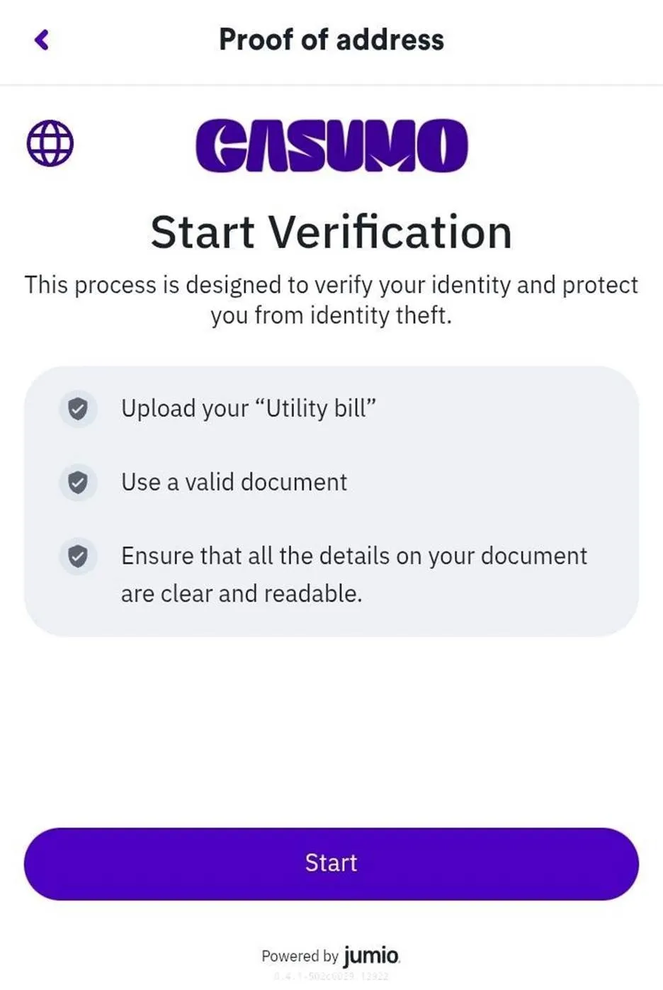 Casumo Jumio proof of address verification start screen