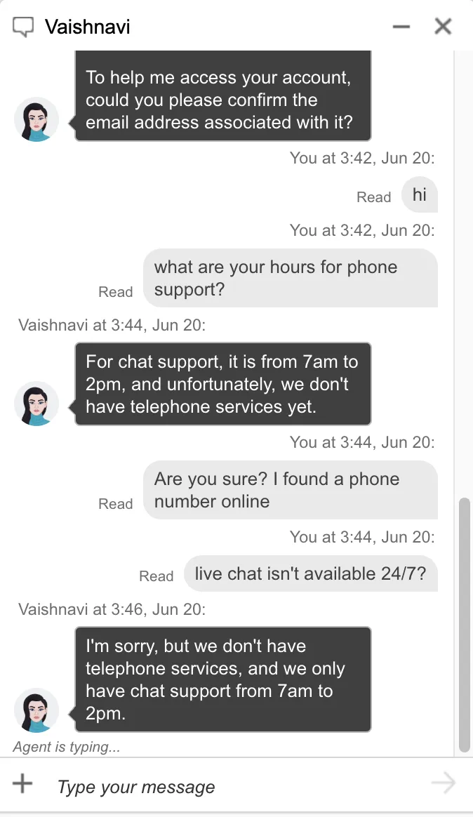 Sky Bet live chat transcript with agent Vaishnavi confirming chat support runs 7am–2pm and that no telephone service is available.