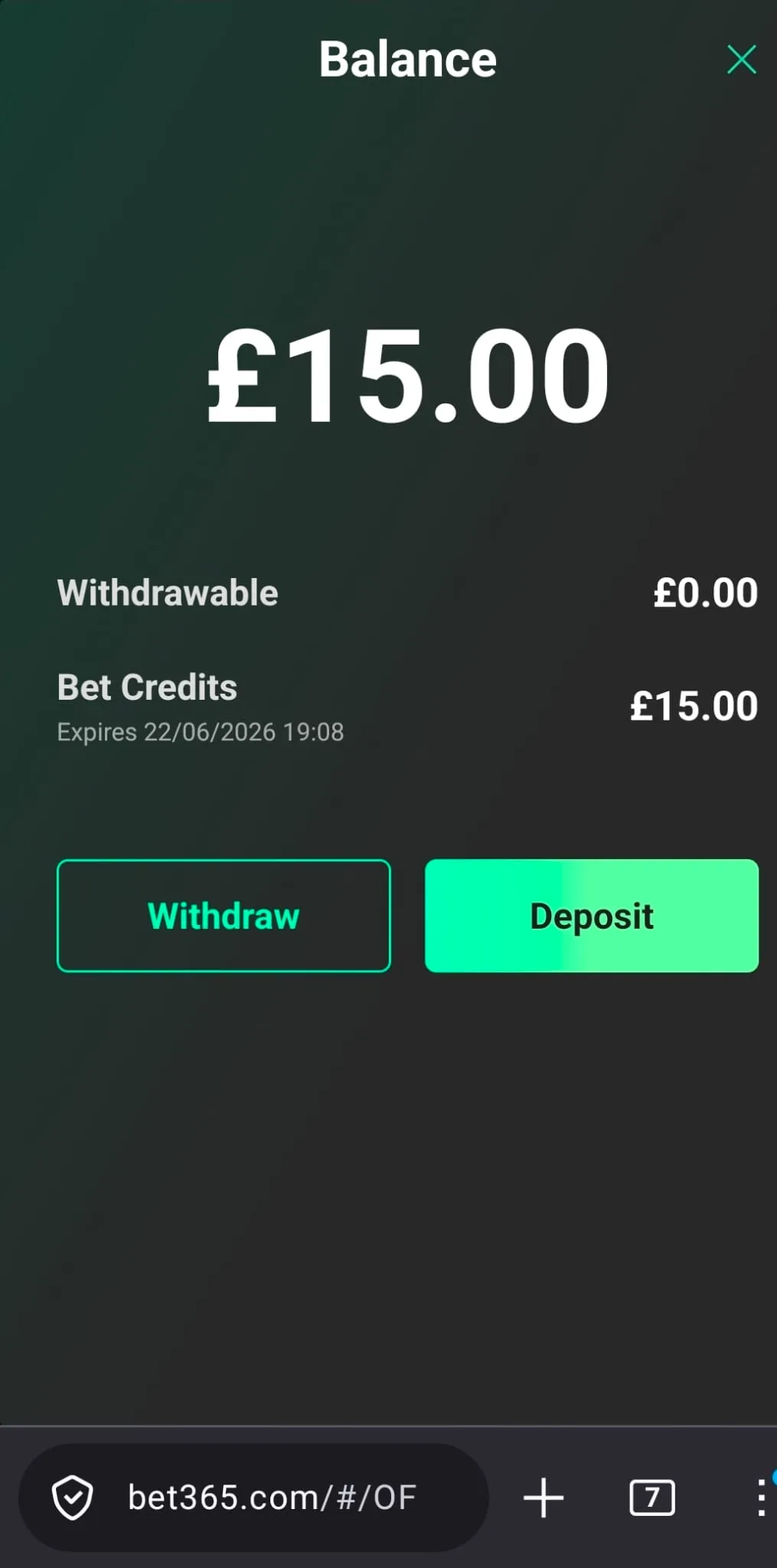 bet365 balance, £15 bet credits received after first deposit of £5