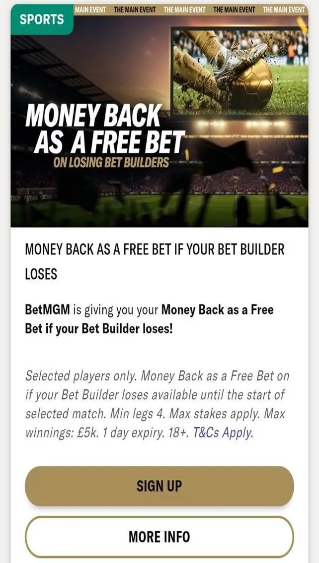 BetMGM 'Money Back as a Free Bet' offer for losing 4-leg Bet Builders