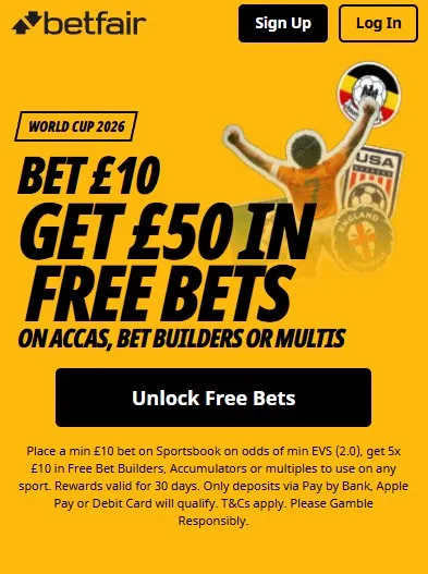 Betfair sports free bet offer for new customers: bet £10 get £50 in free bets for accas, bet builders or multis
