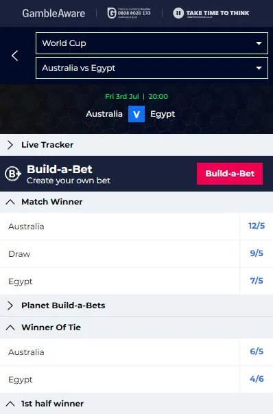 planet sport bet: build-a-bet feature, world cup match Australia vs Egypt