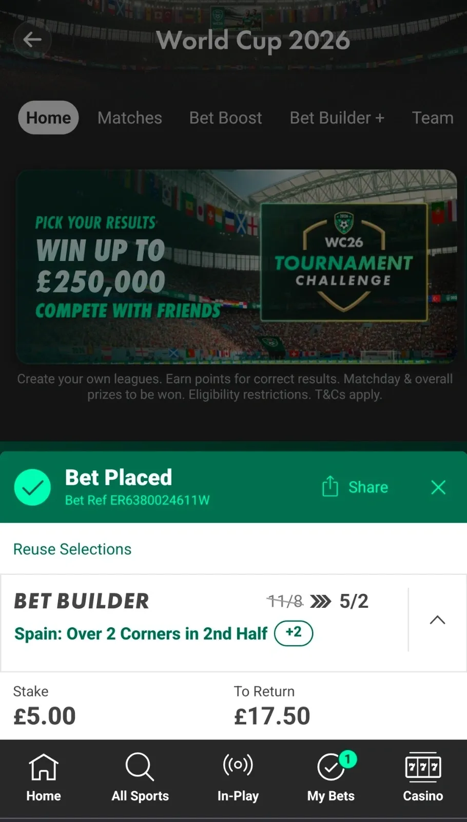 bet365 placing a bet confirmation: Bet Builder on Spain v Cape Verde, backing Spain to score over 2 goals