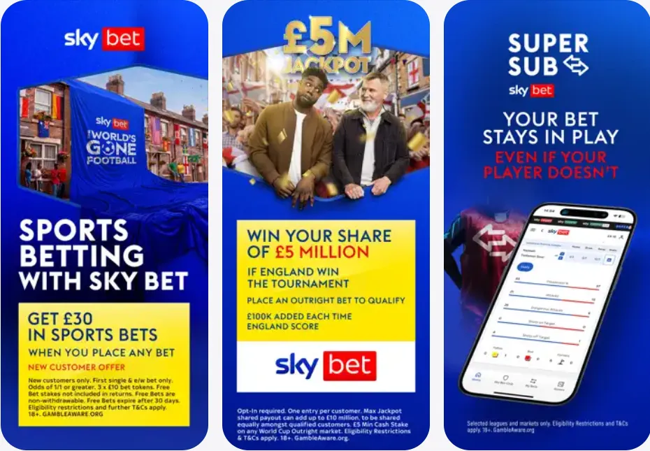 Three Sky Bet app store screens promoting the £30 sign-up offer, a £5M World Cup jackpot, and the Super Sub bet-protection feature.