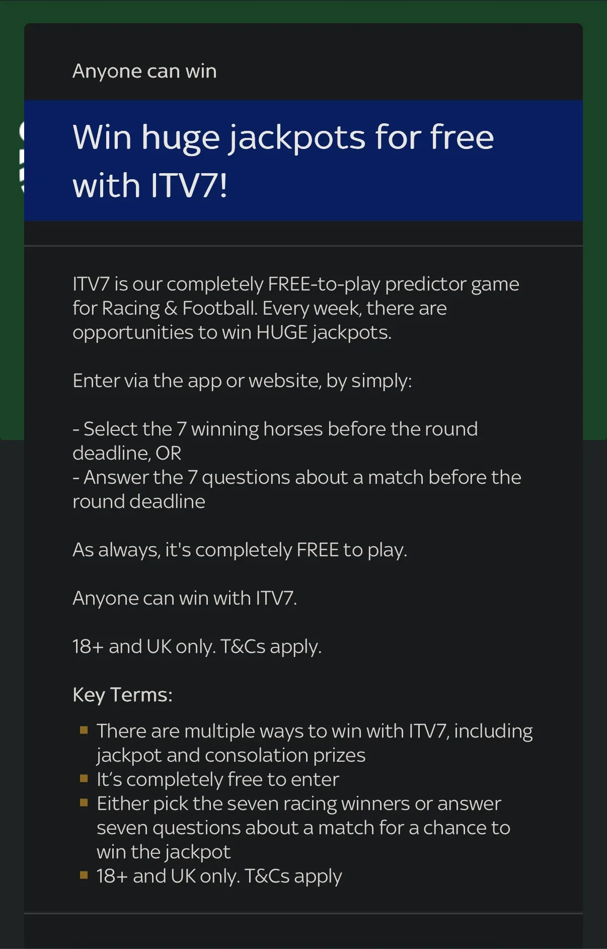 ITV7 promotion pop-up on Sky Bet describing the free-to-play weekly Racing and Football predictor game, with jackpot and consolation prizes.