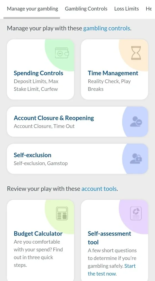 Coral's gambling controls page, covering deposit and stake limits, time-outs, self-exclusion via Gamstop, and the budget calculator and self-assessment tool.