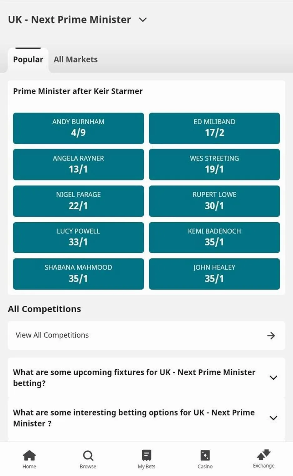 Betfair sportsbook UK Next Prime Minister market