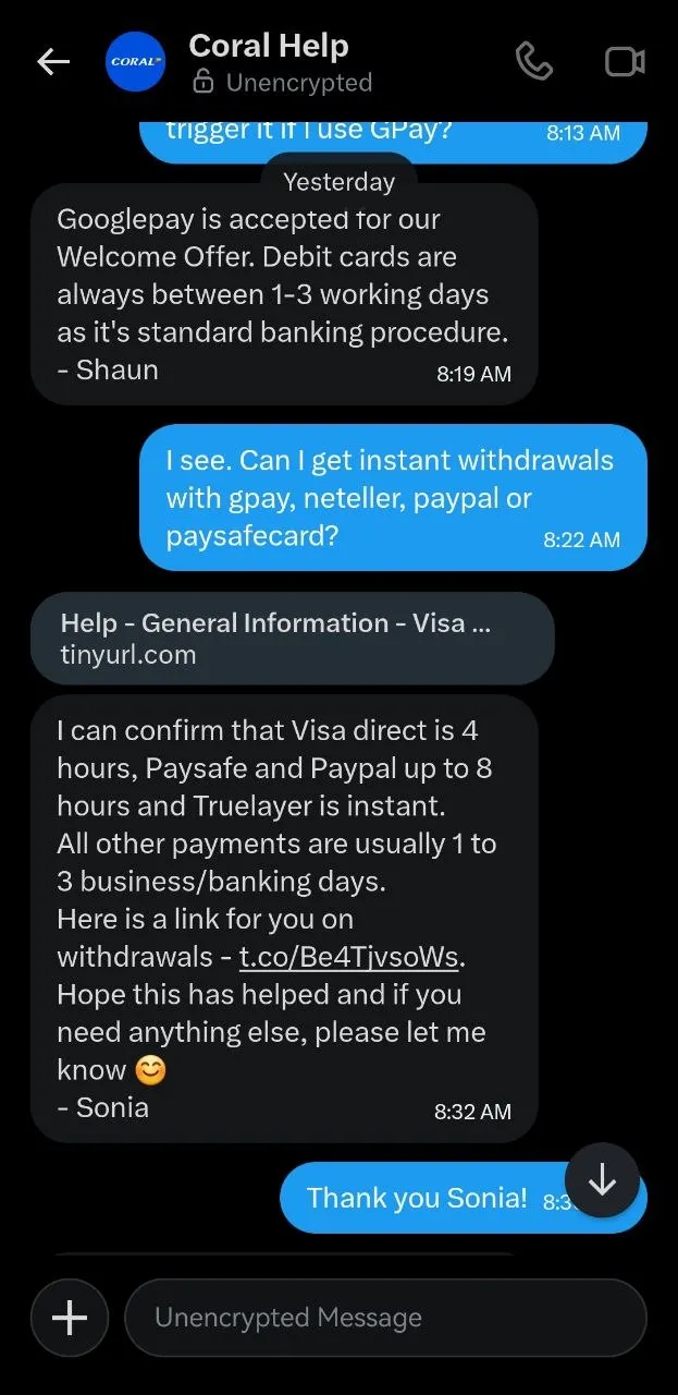 coral customer support on X: query about payment methods and withdrawal speed