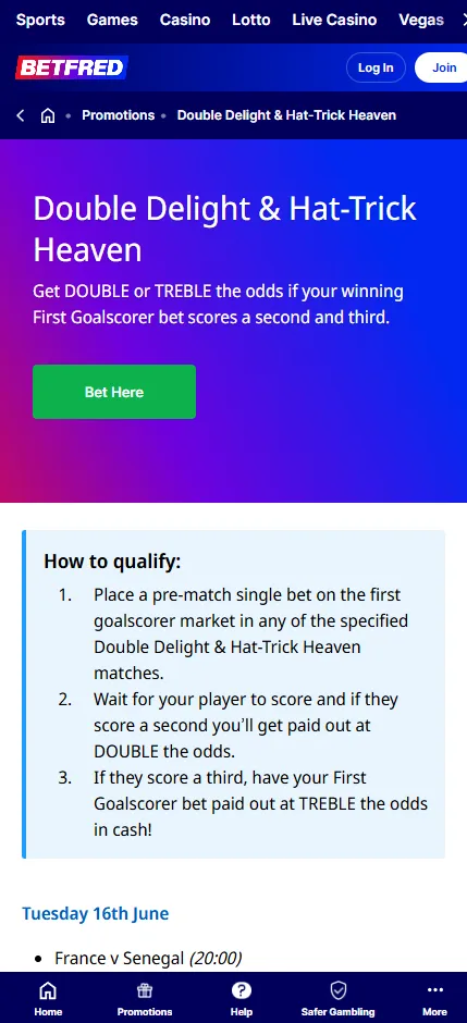Betfred Double Delight & Hat-Trick Heaven promotion page showing doubled and trebled first goalscorer odds