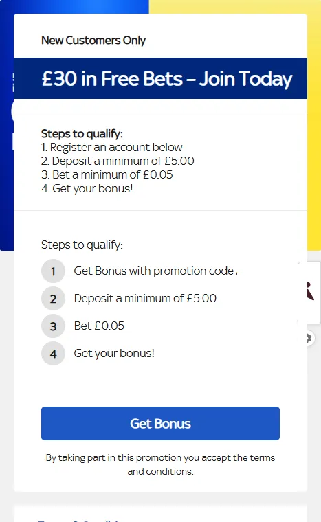 Sky Bet Promotion Details pop-up showing the £30 in free bets welcome offer and its four qualifying steps for new customers.